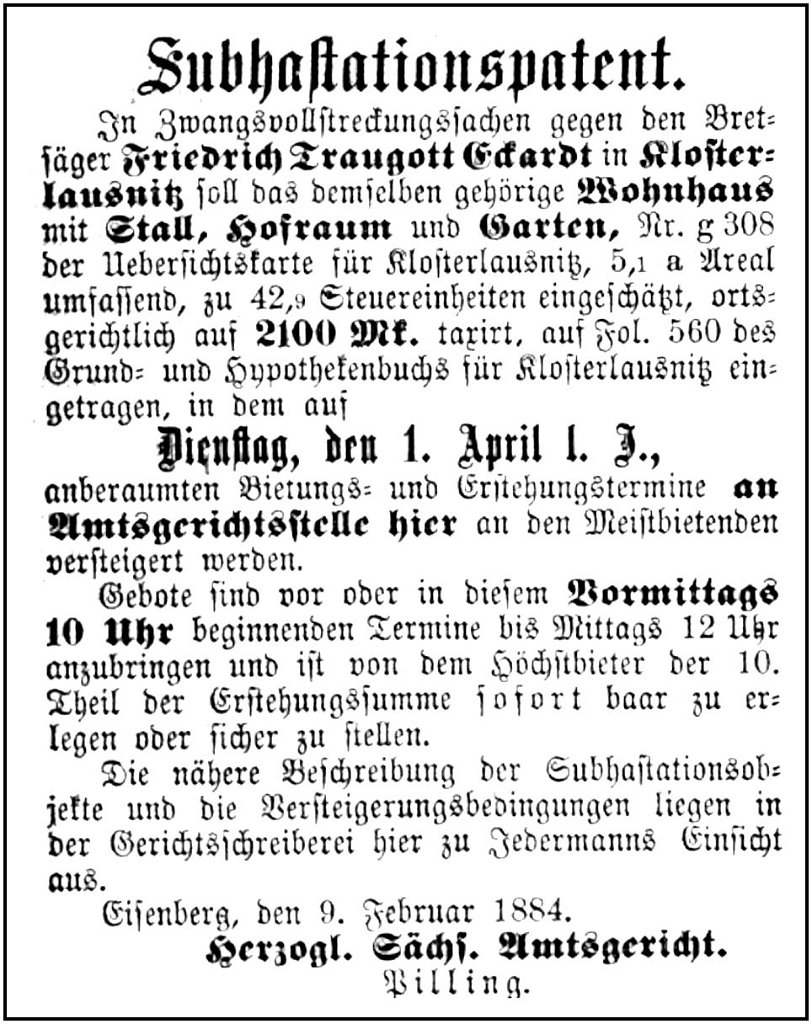 1884-02-09 Kl Zwangsversteigerung Eckardt